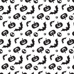 Black and White Halloween Seamless Pattern With Pumpkin And Bats. Seamless Halloween pattern. Halloween Background With Pumpkin And Bats. Vector Illustration copy