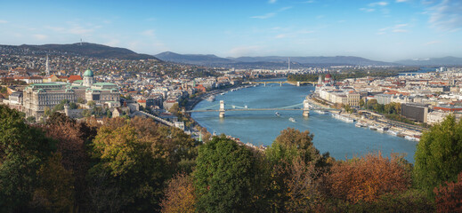 Panoramic view of Budapest and Danube River with Buda Castle, Parliament and Chain Bridge -...