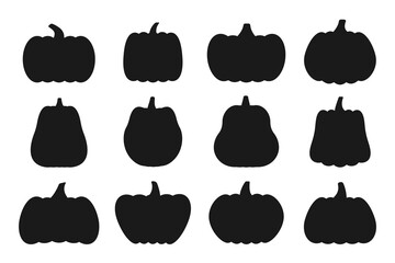 Pumpkins black silhouette flat icons set. Halloween sign kit. Thanksgiving pictogram collection farm harvest, closeup squash vegetable. Simple pumpkin cartoon contour icon symbol isolated on white