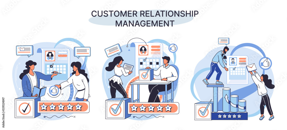 Poster crm metaphor. customer relationship management. application software for organizations automatisatio