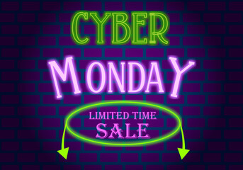 Fototapeta na wymiar Cyber Monday limited time sale neon banner on a brick background