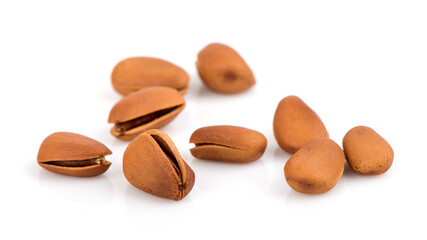  Pine nuts dried seeds placed isolated on background.