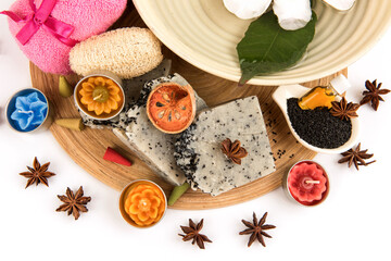 Spa treatment with soap from perilla seeds isolated on white background.