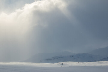 An emergency hut on Kungsleden skiing trail between Abiskojaure and Alesjaure, winter season, Lapland, Sweden
