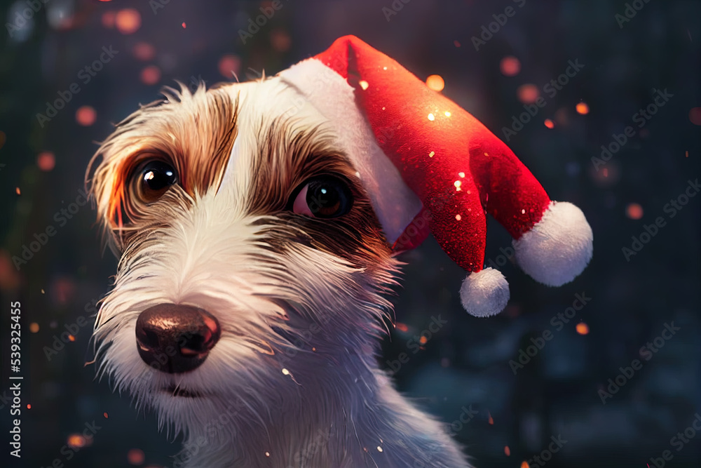 Wall mural Jack Russell dog in a Santa hat at Christmas