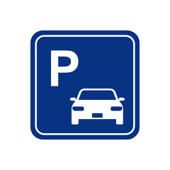Car parking sign vector illustration. White letter and icon on a blue square background.