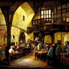 Fototapeta na wymiar Medieval tavern, computer generated image