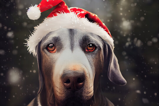 Great Dane dog in a Santa hat at Christmas