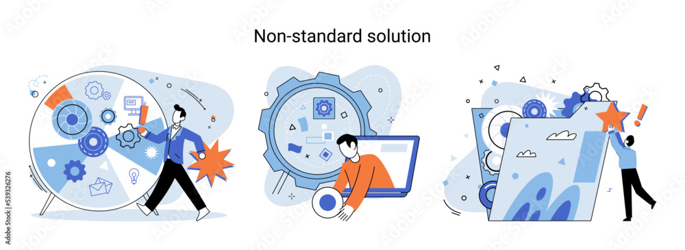Poster non standart solution metaphor. creation of individual decision for integration of disparate product