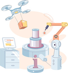 Smart manufacture, automation development metaphor. Innovative smart industry product design, manufacturing process, automated production line, delivery and distribution robots machinery: industry 4.0