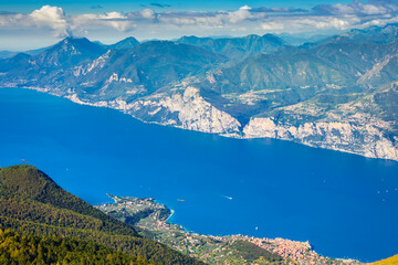Naklejka na ściany i meble Above idyllic and turquoise Lake Garda from Monte Baldo, Malcesine, Italy