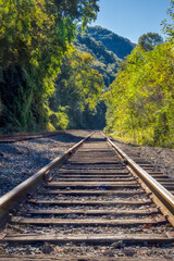 Obraz premium Looking down straight railroad tracks in the New River Gorge National Park and Preserve in West Virginia USA