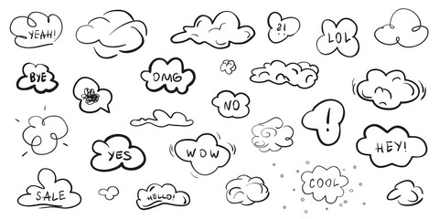 Clouds on isolation background. Sketchy doodles on white. Hand drawn infographic elements. Black and white illustration. Sketches for artworks