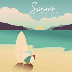 Fototapeta na wymiar Colored sunset scenary view with a surfboard and beach ball Vector