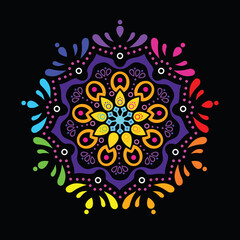 Rainbow Flower Mandala with Black Background