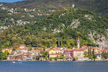 Idyllic Varenna village skyline from Lake Como at sunset, Northern Italy