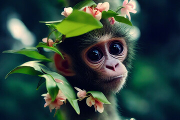 Nahtloses Muster mit Affen. Süßer Affenbaby, dekoriert mit tropischen Blumen, sitzend auf einem Baumzweig im dunklen Tropenwald. Design von Stoffen, Papier, Tapeten und Notizbuchhüllen. © Viks_jin