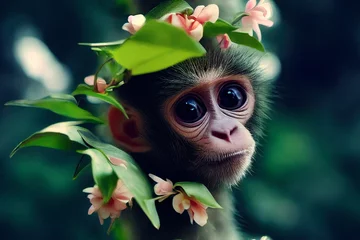 Nahtloses Muster mit Affen. Süßer Affenbaby, dekoriert mit tropischen Blumen, sitzend auf einem Baumzweig im dunklen Tropenwald. Design von Stoffen, Papier, Tapeten und Notizbuchhüllen. © Viks_jin