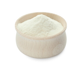 Wooden bowl of agar-agar powder isolated on white