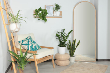 Stylish living room interior with wooden furniture, houseplants and full length mirror near white wall - obrazy, fototapety, plakaty