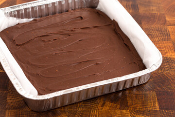 A Square Pan filled with Homemade Milk Chocolate Fudge