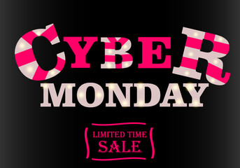 Fototapeta na wymiar Cyber Monday limited time sale. Pink letters on a black background