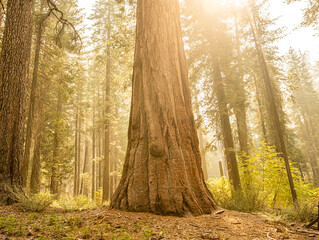 Bright Sun Backlights Trunk of Giant Sequoia Tree