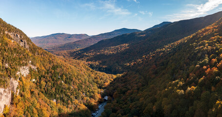 Aerial panorama of Smugglers Notch looking to the north in fall colors