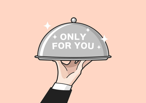 Waiter Hand With Tray And Metal Cloche Lid Cover. Special Service Only For You. Vector