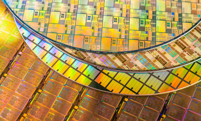 Silicon Wafer with microchips used in electronics for the fabrication of integrated circuits.
