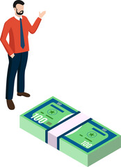 3D isometric money management concept with A businessman standing in front of Money.  Clipart Transparent PNG