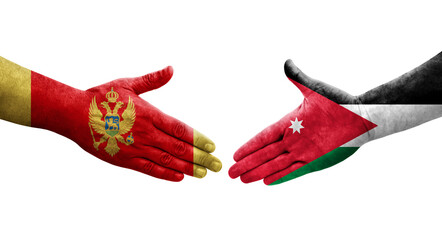 Handshake between Jordan and Montenegro flags painted on hands, isolated transparent image.