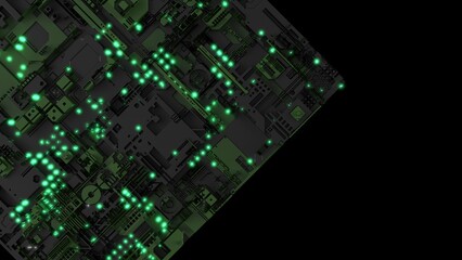 Black-dark green futuristic circuit technology with green LED point light. Concept 3D CG of hi-tech digital data connection system, computer electronic design and Sci-Fi Landscape.