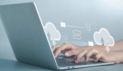 File Transfer by cloud storage technology exchange information data concept. Backup and copy data or files receiver, Digital system for transferring documents server security.