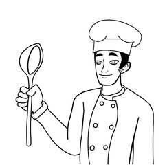  Young man cook in uniform holding a wooden spoon. Vector illustration isolated on white background