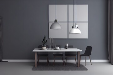 Gray interior with dining table, dresser and decor. 3d render illustration mockup.