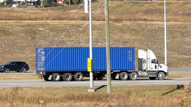 A blue Intermodal cargo container on a truck driving on a highway. 
