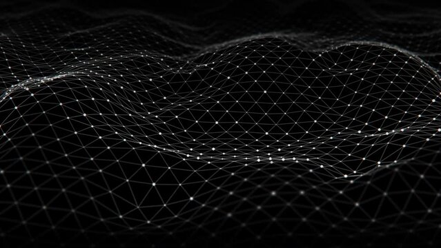 Digital dynamic network of white dots connected by lines. Abstract reticule landscape black and white technology looping background. Big data concept visualization. 3D rendering. Seamlessly looping