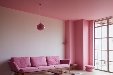 Retro pink ceiling lamp above a wooden sideboard in a modern living room interior with an empty white wall and copy space. Place for your sofa