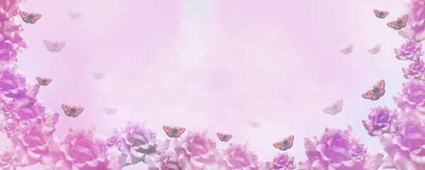 Dreamy purple pink gradient background with roses flowers and butterfly merging in a pastel colored...