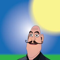 Bald man with a Dali's moustache cartoon with a sun, sky and grass in the background