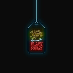 45% black friday tag vector with neon effect