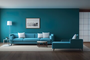 Blue living room with sofa and shelf 3d rendering