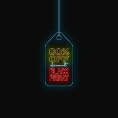 60% black friday tag vector with neon effect