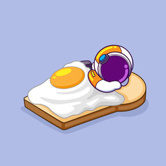 The astronaut is sleeping on the bread with an egg as a blanket at night