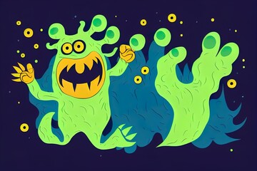 Angry cartoon monster character pop up and waving hands. Illustration of scary alien creature. Halloween party design. 2d illustrated isolated. High quality Illustration