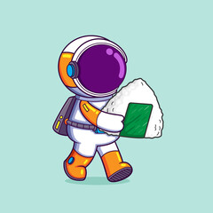 The cute astronaut is holding and going to eat a big onigiri on his hand