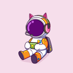 The gamer astronaut is playing a mobile game on mobile phone while sitting