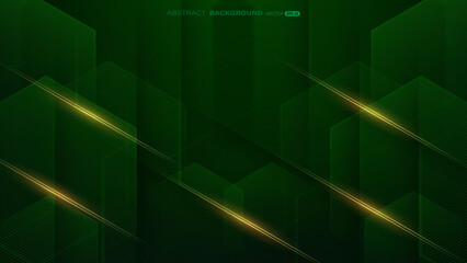 Geometric green abstract background. Hexagon shapes with golden lines and light