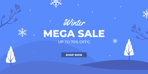 Fototapeta na wymiar Winter mega sale offer discount promotion with blue background and snowflake decoration
